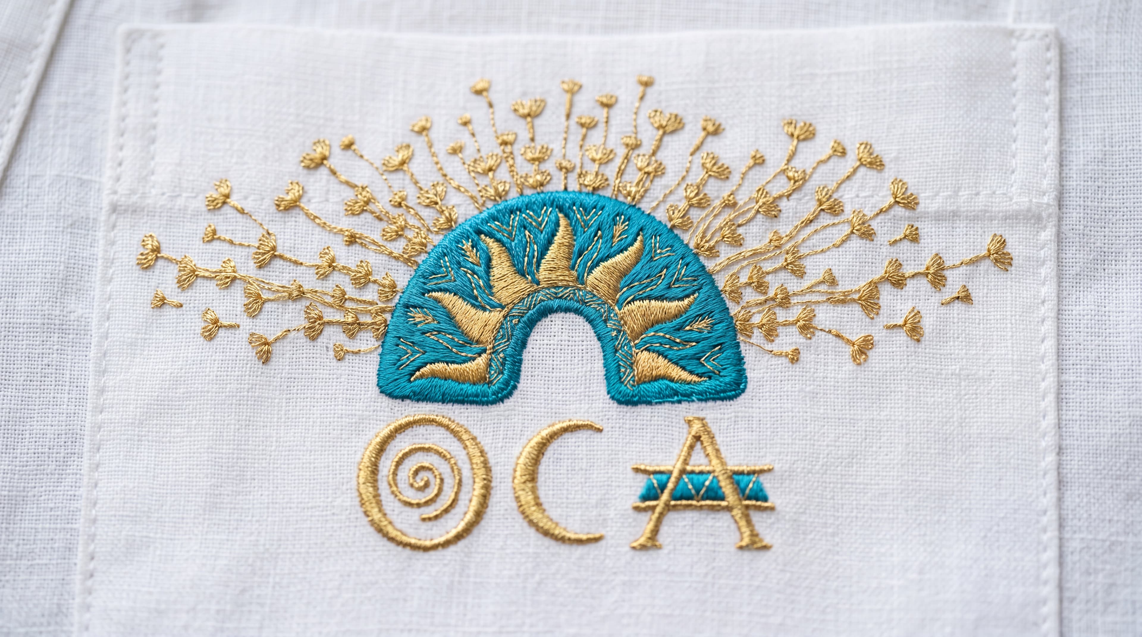Logo OCA bordada em tecido turquesa